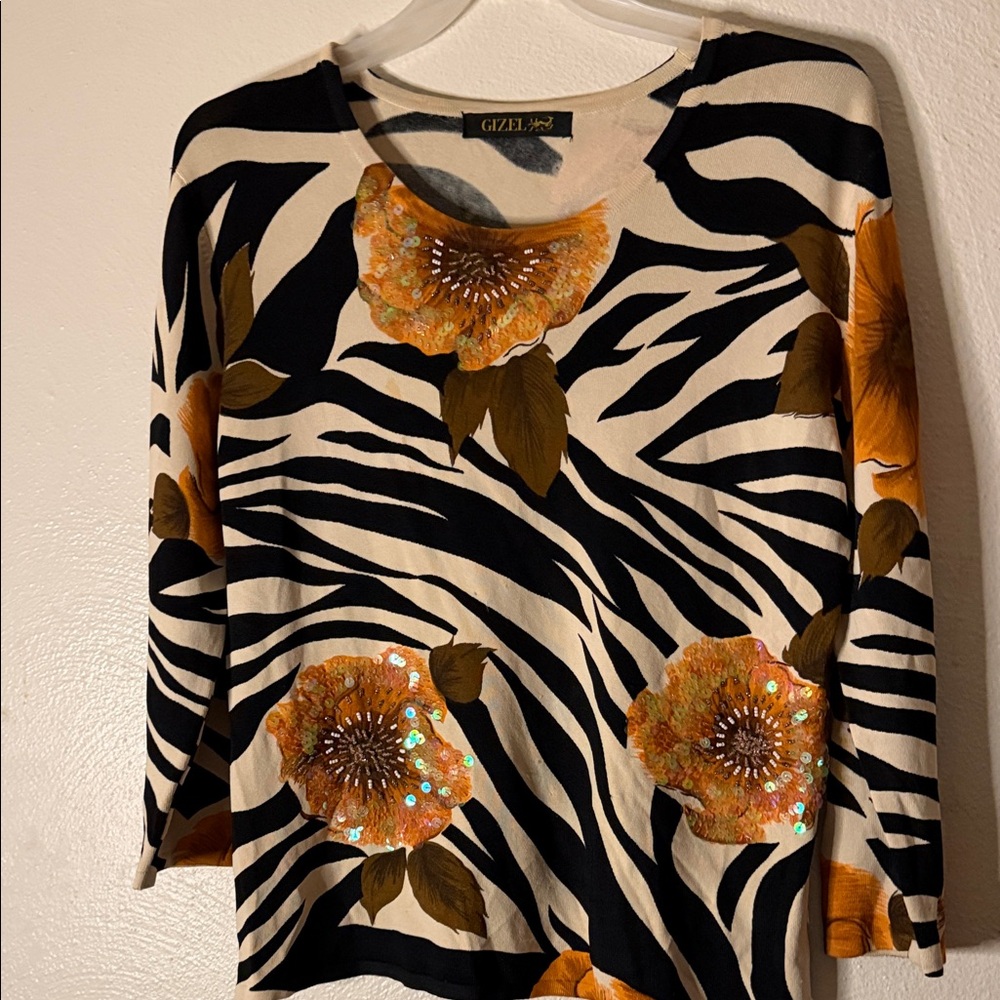 Gizel beautiful  Zebra Print/flower sequined embroidered  print  sweater